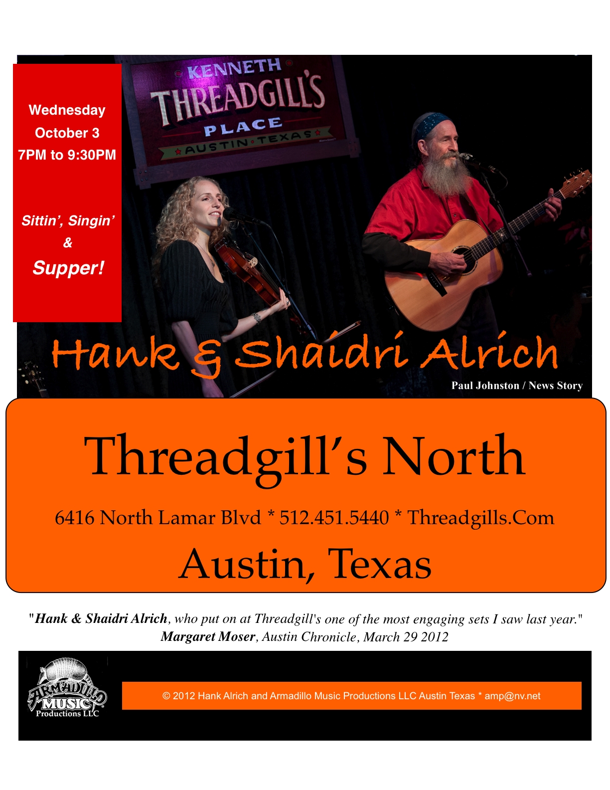Hank and Shaidri Alrich performing at Threadgills - 6416 N. Lamar Blvd.;Austin, Texas) on October 3, 2012, 7-9:30 PM. - austinnewsstory.com
